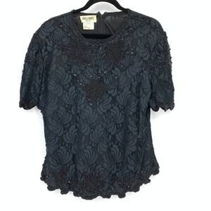 Brilliante by JA Top Womens XL Black Beaded Embroidered Scallop Hem Evening VTG